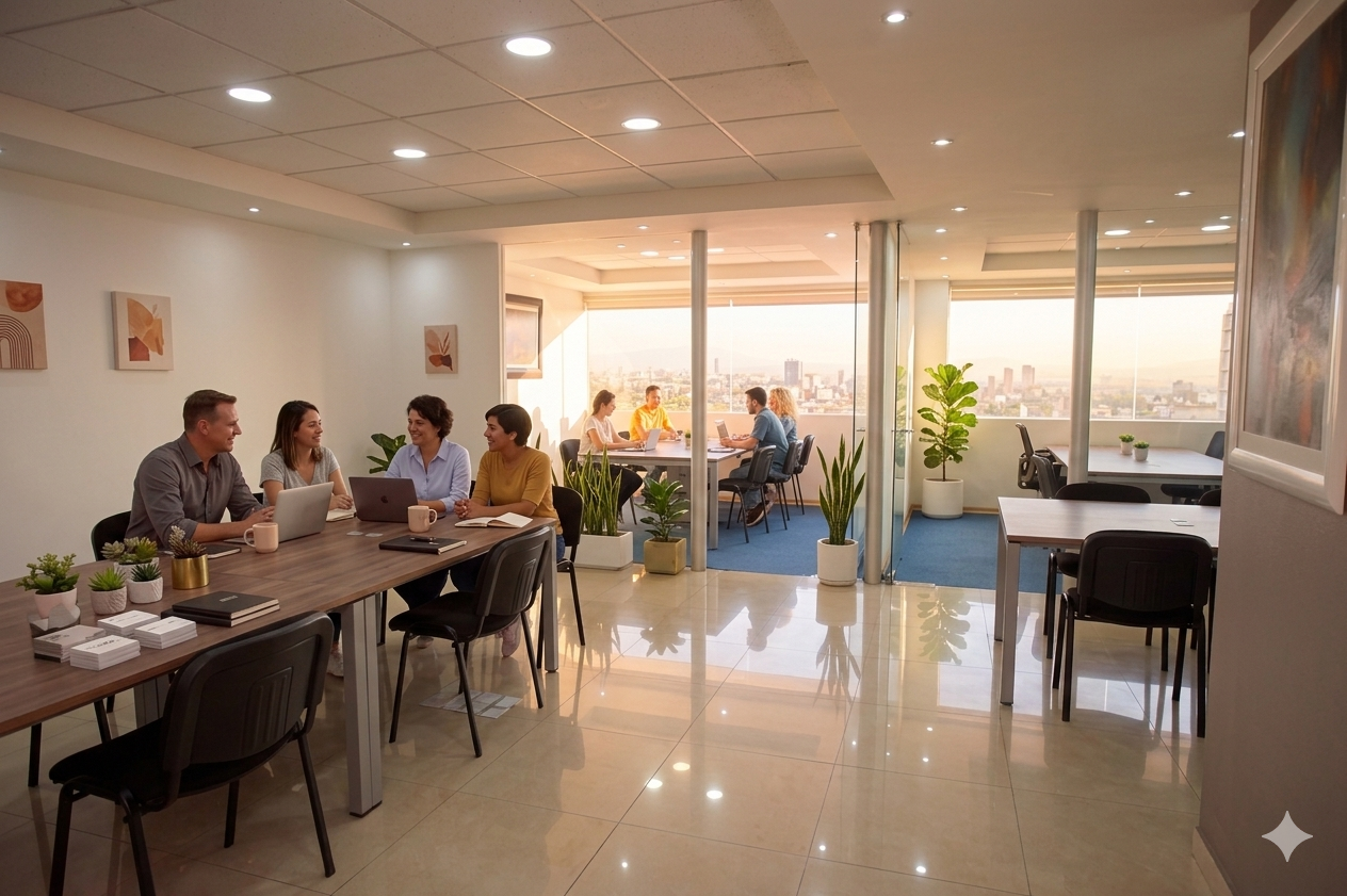 Equipo trabajando al atardecer en HUBCLUB · Lomas de Tecamachalco